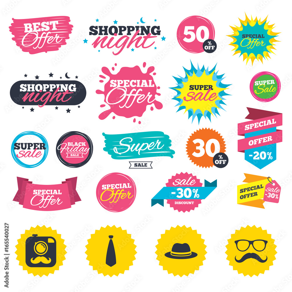 Sale shopping banners. Hipster photo camera with mustache icon. Glasses and tie symbols. Classic hat headdress sign. Web badges, splash and stickers. Best offer. Vector Sale shopping banners. Hipster photo camera with mustache icon. Glasses and tie symbols. Classic hat headdress sign. Web badges, splash and stickers. Best offer. Vector