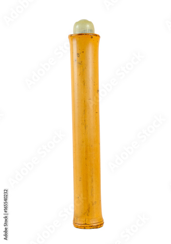 One Old percussion Shaker Bamboo isolated on the white background with cork