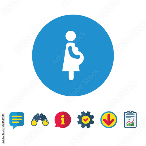 Pregnant sign icon. Women Pregnancy symbol. Information, Report and Speech bubble signs. Binoculars, Service and Download icons. Vector