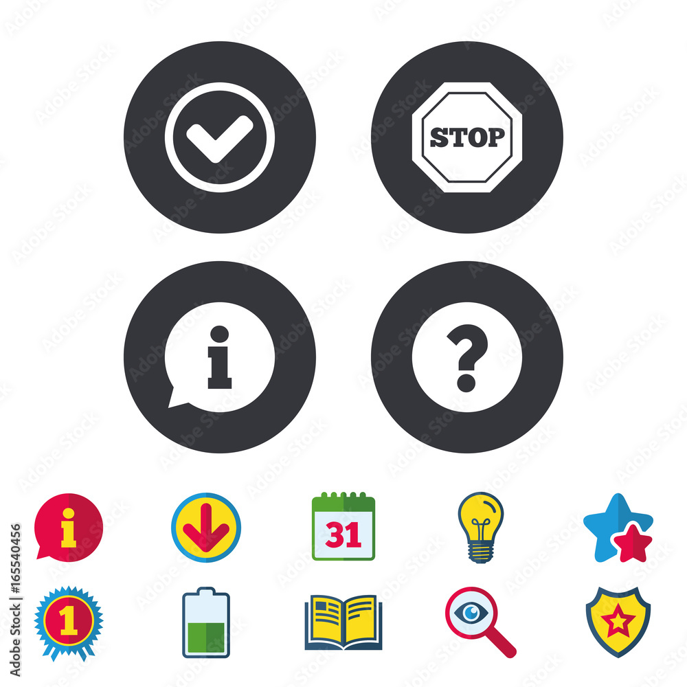 Information icons. Stop prohibition and question FAQ mark signs. Approved check mark symbol. Calendar, Information and Download signs. Stars, Award and Book icons. Light bulb, Shield and Search