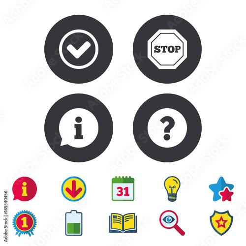 Information icons. Stop prohibition and question FAQ mark signs. Approved check mark symbol. Calendar, Information and Download signs. Stars, Award and Book icons. Light bulb, Shield and Search