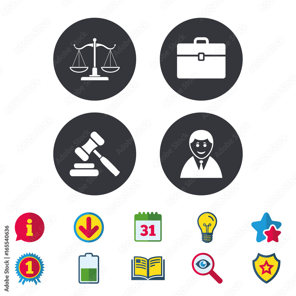 Scales of Justice icon. Client or Lawyer symbol. Auction hammer sign. Law judge gavel. Court of law. Calendar, Information and Download signs. Stars, Award and Book icons. Vector Scales of Justice icon. Client or Lawyer symbol. Auction hammer sign. Law judge gavel. Court of law. Calendar, Information and Download signs. Stars, Award and Book icons. Vector