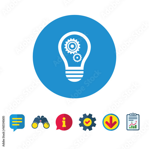 Light lamp sign icon. Bulb with gears and cogs symbol. Idea symbol. Information, Report and Speech bubble signs. Binoculars, Service and Download icons. Vector