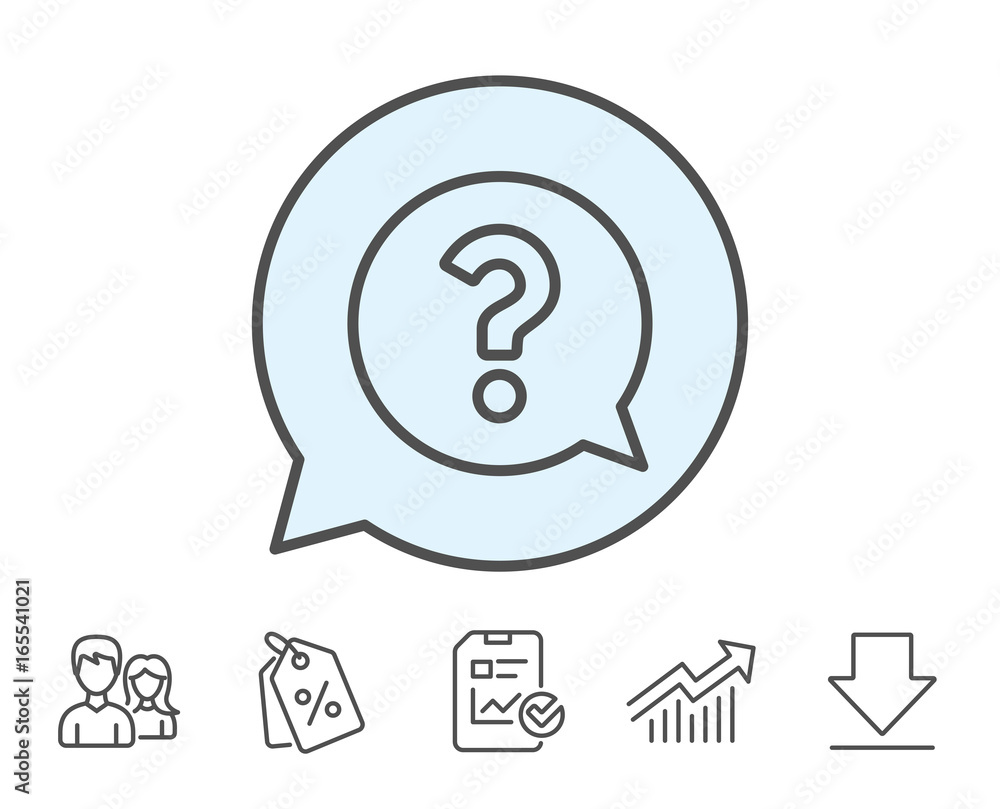 Question mark line icon. Help speech bubble sign. FAQ symbol. Report, Sale Coupons and Chart line signs. Download, Group icons. Editable stroke. Vector Question mark line icon. Help speech bubble sign. FAQ symbol. Report, Sale Coupons and Chart line signs. Download, Group icons. Editable stroke. Vector