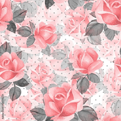 Floral seamless pattern. Watercolor background with roses and polka dot 21