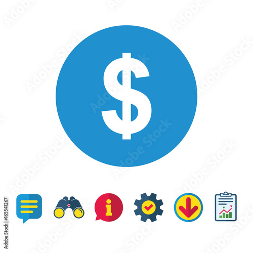 Dollars sign icon. USD currency symbol. Money label. Information, Report and Speech bubble signs. Binoculars, Service and Download icons. Vector