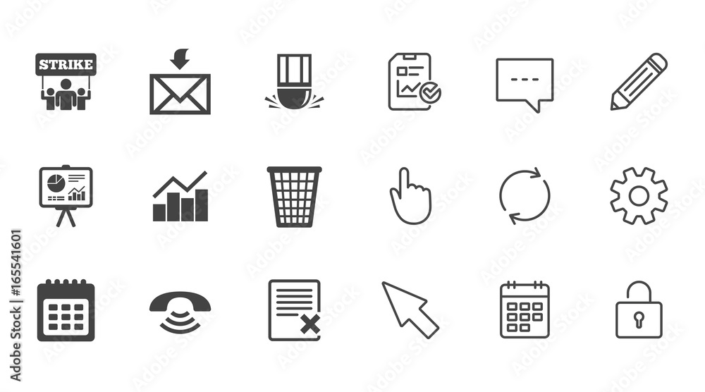 Office, documents and business icons. Call, strike and calendar signs. Mail, presentation and charts symbols. Chat, Report and Calendar line signs. Service, Pencil and Locker icons. Vector