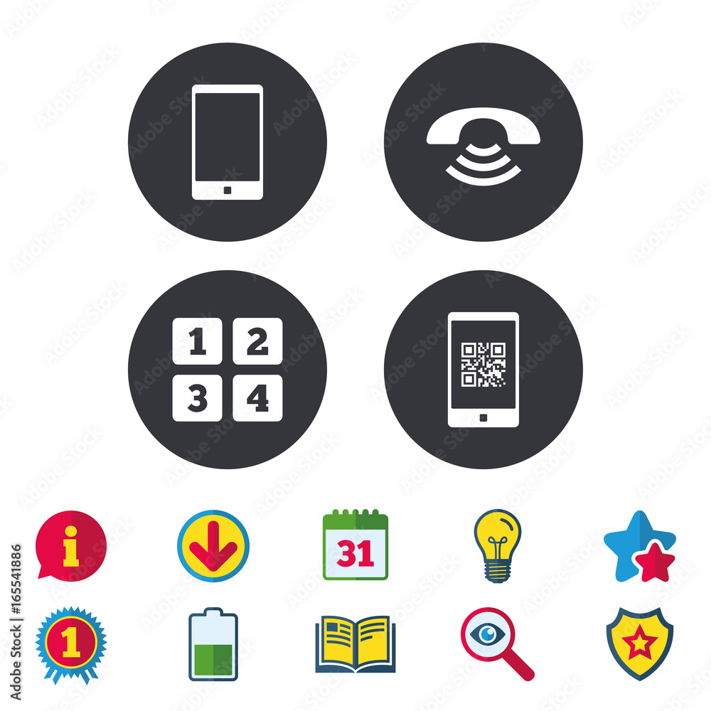 Phone icons. Smartphone with Qr code sign. Call center support symbol. Cellphone keyboard symbol. Calendar, Information and Download signs. Stars, Award and Book icons. Light bulb, Shield and Search Phone icons. Smartphone with Qr code sign. Call center support symbol. Cellphone keyboard symbol. Calendar, Information and Download signs. Stars, Award and Book icons. Light bulb, Shield and Search