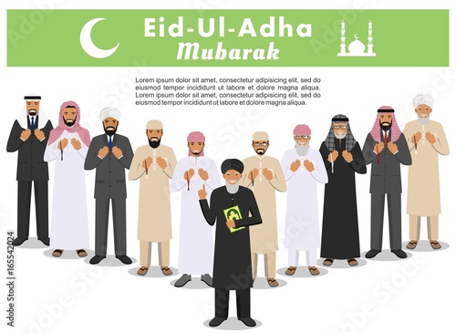 Muslim holiday Eid al-Adha. Feast of the Sacrifice. Different standing praying arabic people and mullah in traditional arabian clothes. Mufti with quran. Islamic men with beads in hands pray. Vector.