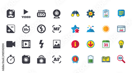 Set of Photo and Video icons. Camera, timer and frame signs. No flash and Auto focus symbols. Calendar, Report and Browser window signs. Stars, Service and Download icons. Vector