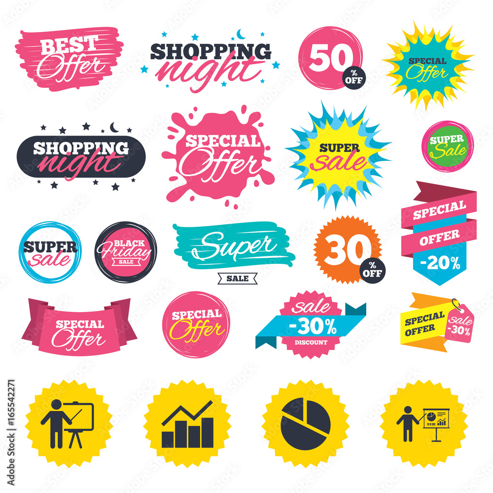 Sale shopping banners. Diagram graph Pie chart icon. Presentation billboard symbol. Man standing with pointer sign. Web badges, splash and stickers. Best offer. Vector