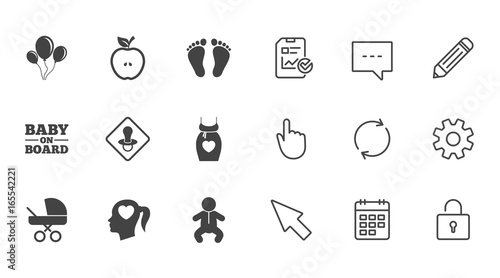 Pregnancy, maternity and baby care icons. Air balloon, baby carriage and pacifier signs. Footprint, apple and newborn symbols. Chat, Report and Calendar line signs. Service, Pencil and Locker icons