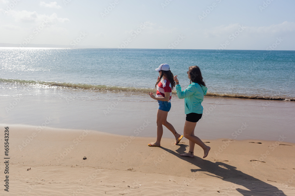Girls Walking Beach Shoreline Ocean