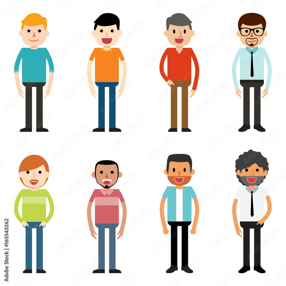 People Characters Men. Group of working people standing on white background. Business men in flat design people characters. All in a single layer. Vector Illustration. Elements for design. People Characters Men. Group of working people standing on white background. Business men in flat design people characters. All in a single layer. Vector Illustration. Elements for design.