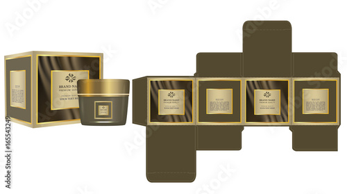 Label on packaging container with luxury box design template and mockup box. Gold set. Illustration vector