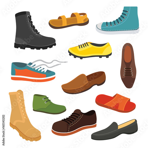 Male man season shoes in flat style. Men boots isolated set vector illustration