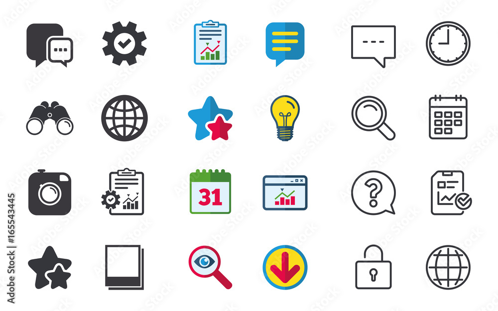 Social media icons. Chat speech bubble and world globe symbols. Hipster photo camera sign. Photo frames. Chat, Report and Calendar signs. Stars, Statistics and Download icons. Vector Social media icons. Chat speech bubble and world globe symbols. Hipster photo camera sign. Photo frames. Chat, Report and Calendar signs. Stars, Statistics and Download icons. Vector