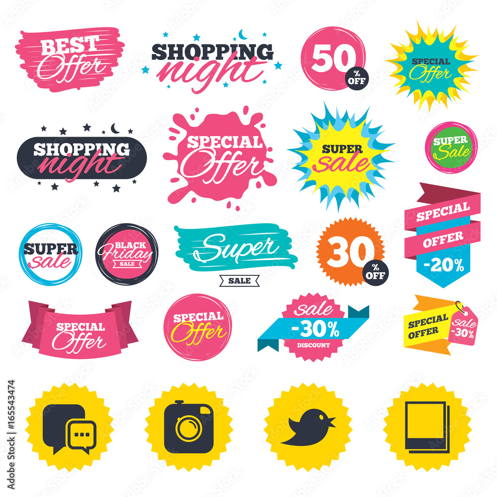 Sale shopping banners. Social media icons. Chat speech bubble symbol. Hipster photo camera sign. Empty photo frames. Web badges, splash and stickers. Best offer. Vector
