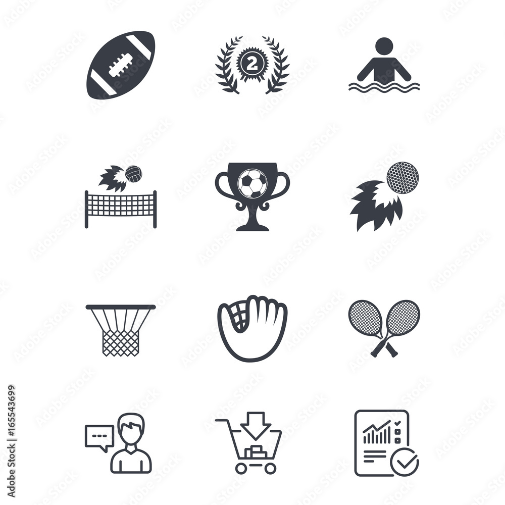 Sport games, fitness icons. Football, golf and baseball signs. Swimming, rugby and winner medal symbols. Customer service, Shopping cart and Report line signs. Online shopping and Statistics. Vector