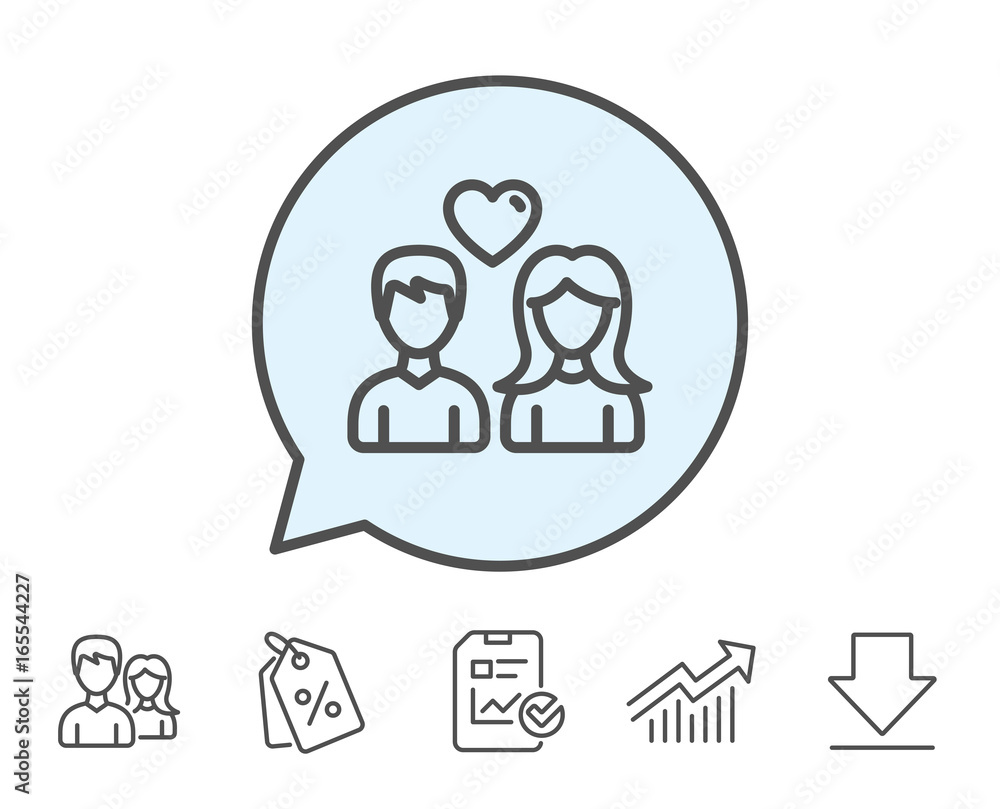 Couple with Heart line icon. Users Group sign. Male and Female Person silhouette symbol. Report, Sale Coupons and Chart line signs. Download, Group icons. Editable stroke. Vector Couple with Heart line icon. Users Group sign. Male and Female Person silhouette symbol. Report, Sale Coupons and Chart line signs. Download, Group icons. Editable stroke. Vector
