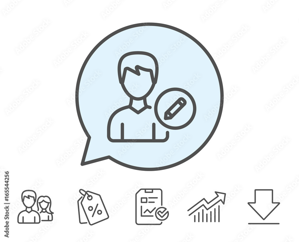 Edit User line icon. Profile Avatar with pencil sign. Male Person silhouette symbol. Report, Sale Coupons and Chart line signs. Download, Group icons. Editable stroke. Vector