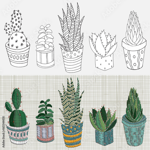 Set of Embroidery Designs: succulents, cactus and pots. Linen cloth texture. Colorful floral embroidery design pattern.