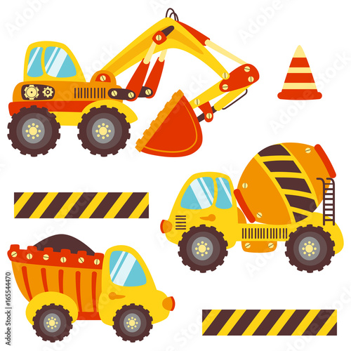 Cute set construction equipment for different purposes. Vector illustration isolated on white background