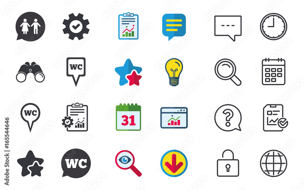 WC Toilet pointer icons. Gents and ladies room signs. Man and woman speech bubble symbols. Chat, Report and Calendar signs. Stars, Statistics and Download icons. Question, Clock and Globe. Vector WC Toilet pointer icons. Gents and ladies room signs. Man and woman speech bubble symbols. Chat, Report and Calendar signs. Stars, Statistics and Download icons. Question, Clock and Globe. Vector