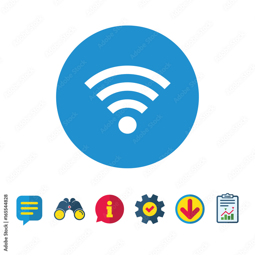 Wifi sign. Wi-fi symbol. Wireless Network icon. Wifi zone. Information, Report and Speech bubble signs. Binoculars, Service and Download icons. Vector Wifi sign. Wi-fi symbol. Wireless Network icon. Wifi zone. Information, Report and Speech bubble signs. Binoculars, Service and Download icons. Vector