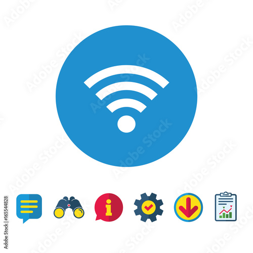 Wifi sign. Wi-fi symbol. Wireless Network icon. Wifi zone. Information, Report and Speech bubble signs. Binoculars, Service and Download icons. Vector