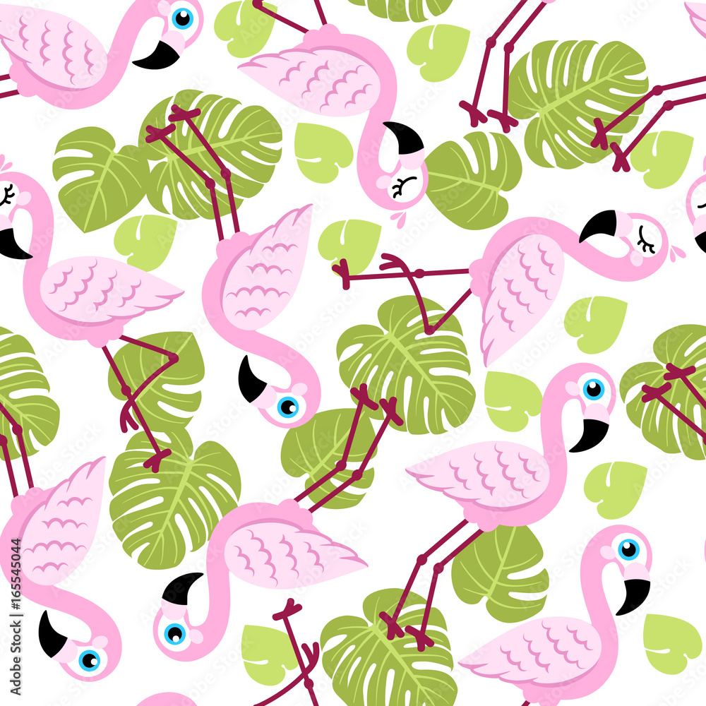Obraz premium Seamless pattern with pink flamingos and green palm leaves. Vector background. Design for fabric and decor.
