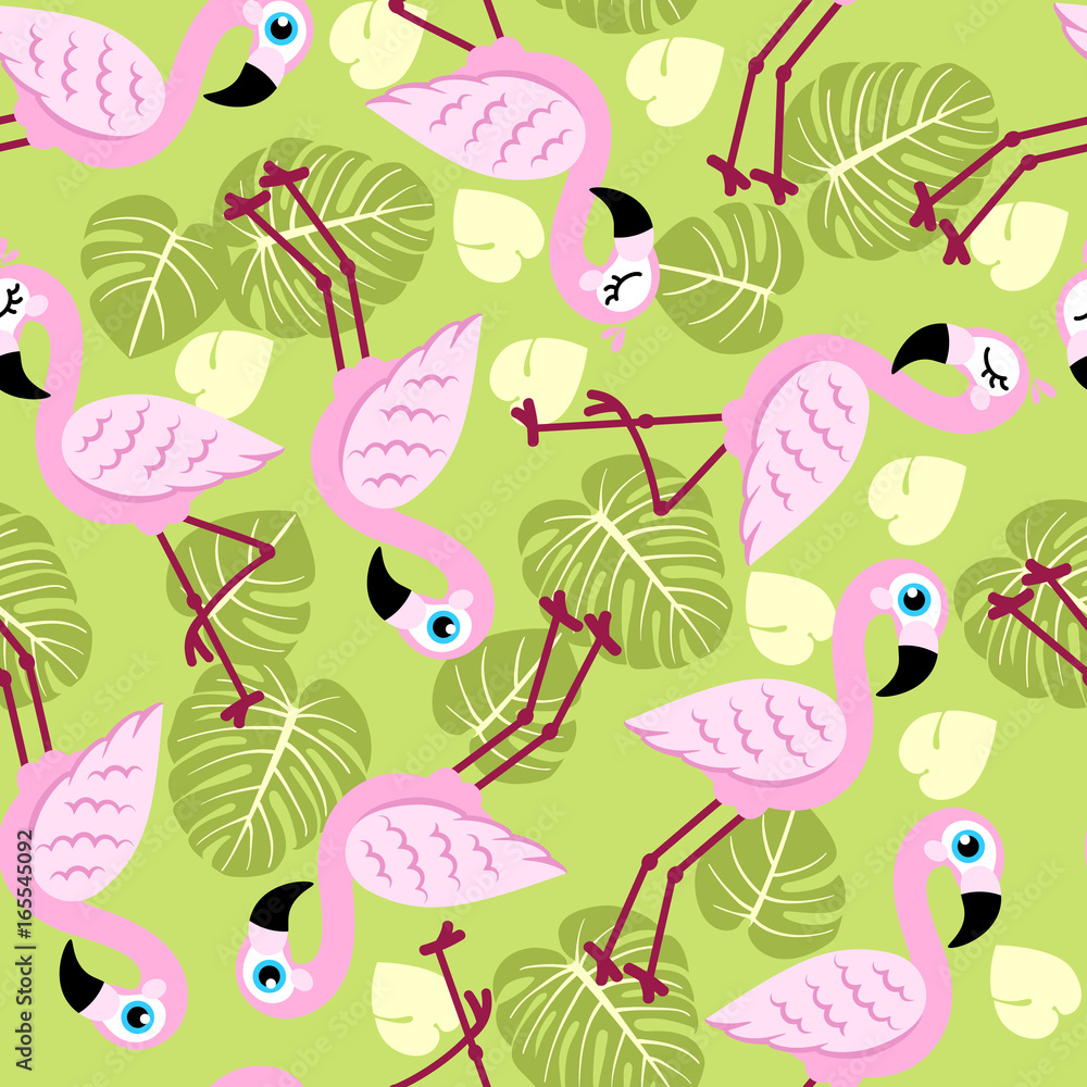 Seamless pattern with pink flamingos and green palm leaves. Vector background. Design for fabric and decor. Seamless pattern with pink flamingos and green palm leaves. Vector background. Design for fabric and decor.