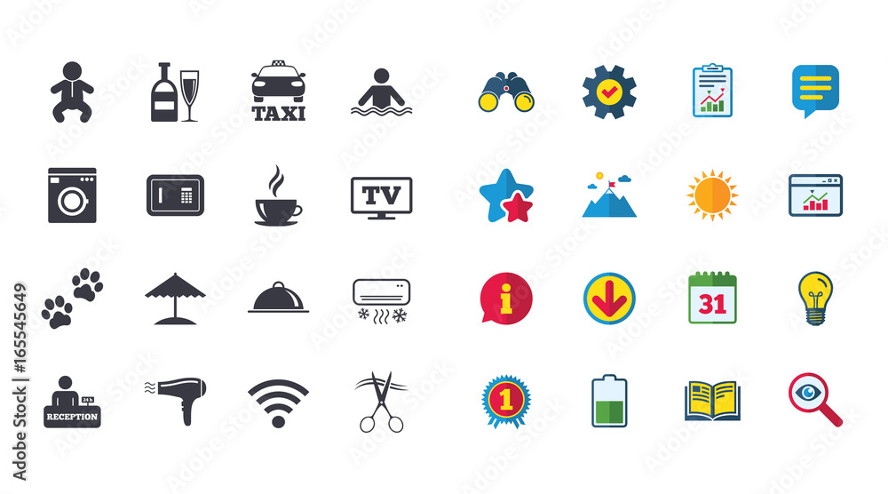 Set of Hotel services icons. Taxi, Wifi internet and Swimming pool signs. Coffee, Wine bottle and Air conditioning symbols. Calendar, Report and Browser window signs. Stars, Service and Download icons Set of Hotel services icons. Taxi, Wifi internet and Swimming pool signs. Coffee, Wine bottle and Air conditioning symbols. Calendar, Report and Browser window signs. Stars, Service and Download icons