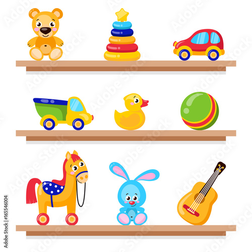 Kids toys on wood shop shelves. Including horse, teddy bear, ball, cubes toys . Vector illustration preschool activity children toys set isolated on white background
