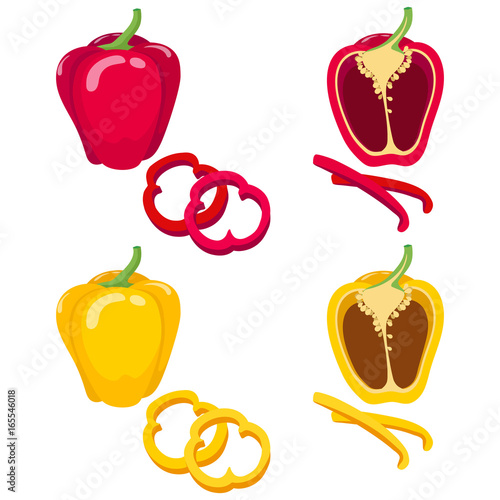 Red and yellow bell pepper. Whole and slice isolated on white background. Healthy food, diet. Vector illustration. Flat cartoon style