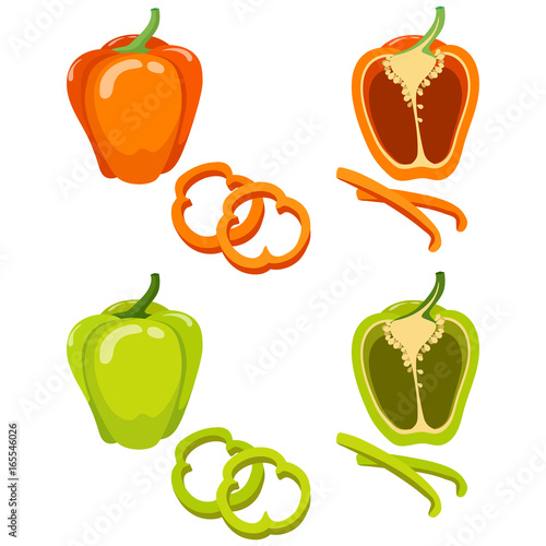 Green and orange bell pepper. Whole and slice isolated on white background. Healthy food, diet. Vector illustration. Flat cartoon style