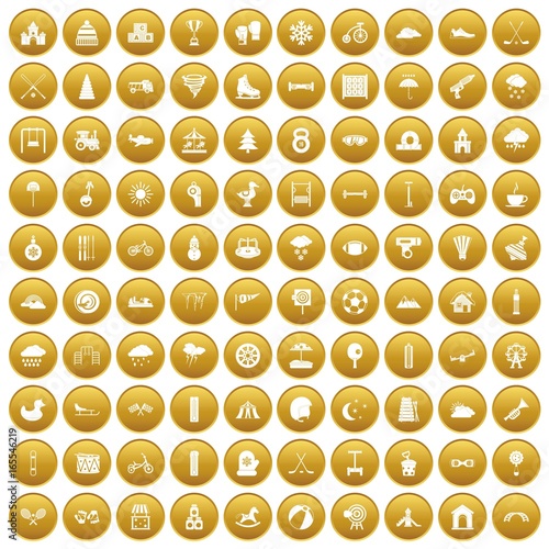 100 kids games icons set gold