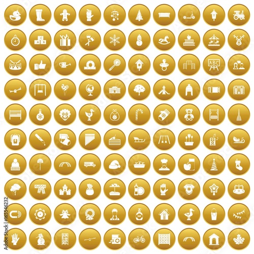 100 kindergarten icons set gold