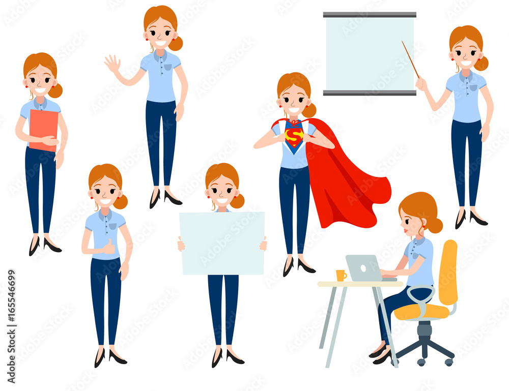 Set of Businesswoman character design. Funny cartoon Business woman in casual clothes. Emotions and expressions. Vector illustration isolated on white background.