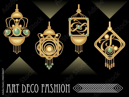 Art deco earrings collection, luxury golden jewel in art nouveau style, elegant expensive jewelry, filigree goldsmith work
