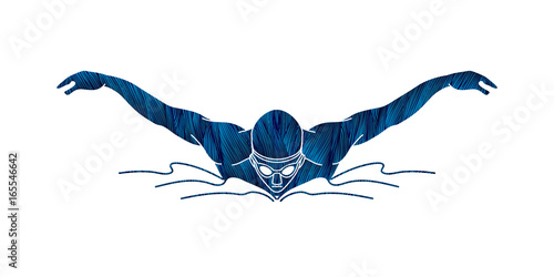 Swimming butterfly, man swimming designed using blue grunge brush graphic vector