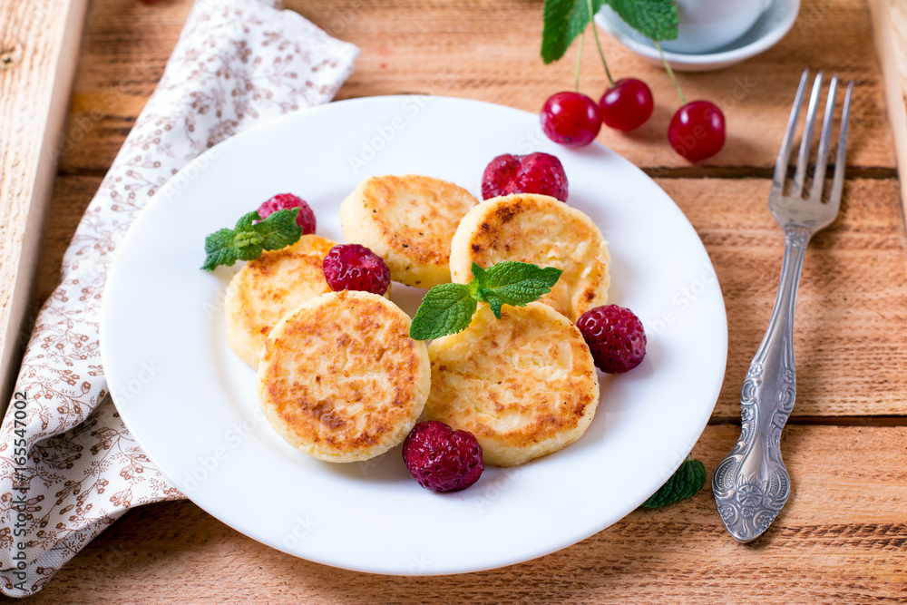 Syrniki (Cottage cheese pancakes) traditional Ukrainian and Russian cuisine