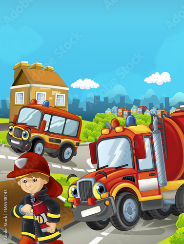 Fototapeta Naklejka Na Ścianę i Meble -  Cartoon stage with different cars for firefighting and fireman - colorful and cheerful scene / illustration for children