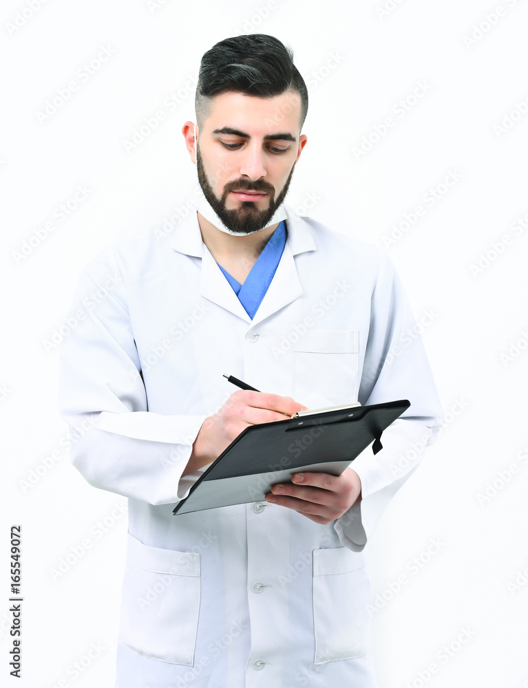 Guy in surgical mask isolated on white. Doctor with beard Guy in surgical mask isolated on white. Doctor with beard