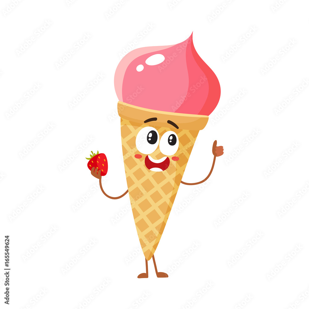 Funny strawberry ice cream character in wafer cone with smiling face,  cartoon style vector illustration isolated on white background. Cute smiley  strawberry ice cream cone character with eyes and legs Stock Vector |