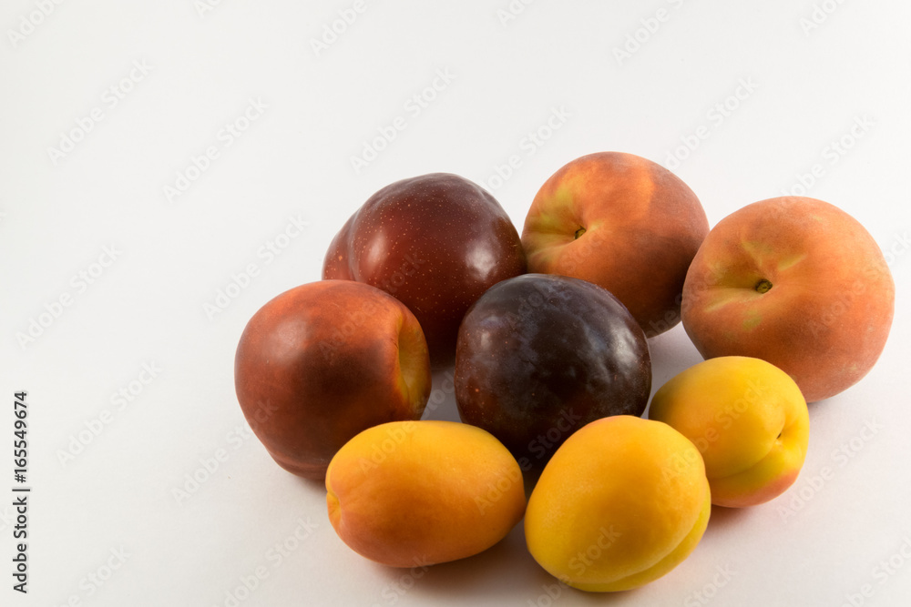 plums, peaches and apricots on white background