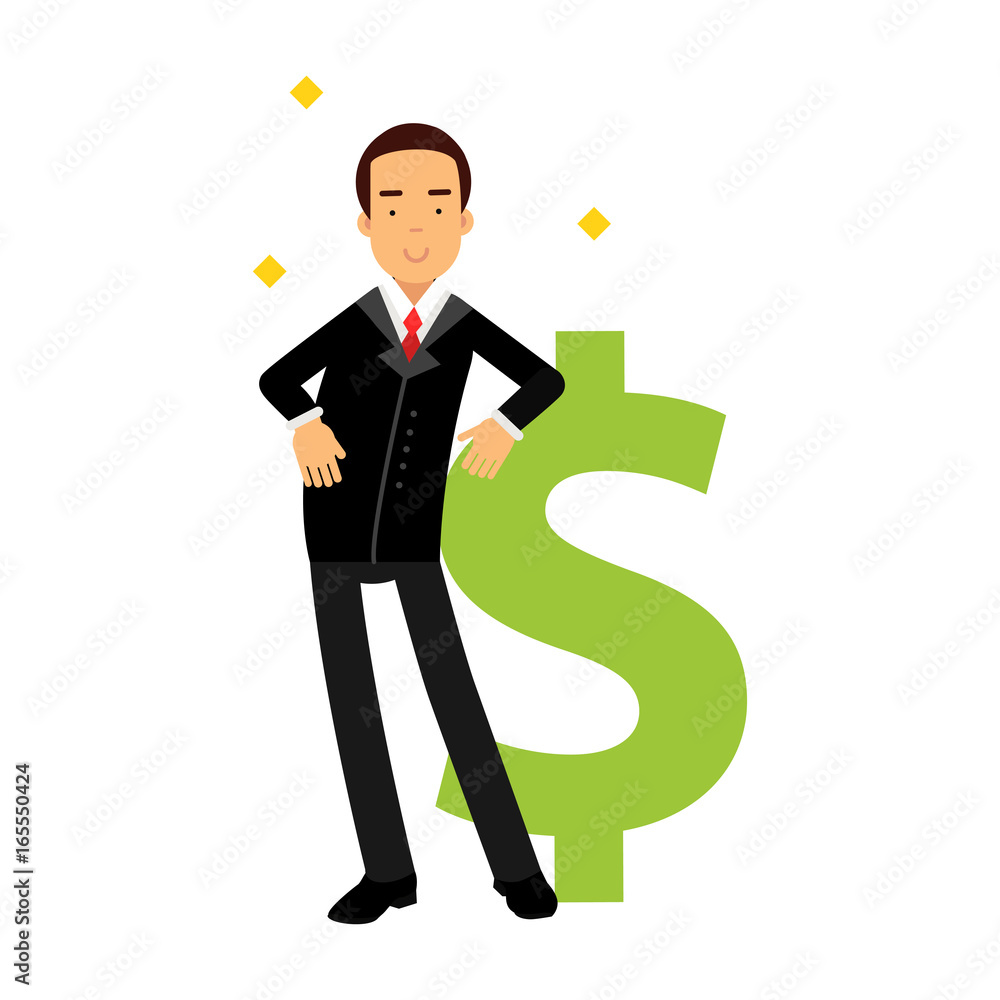 Businessman character leaning on a giant dollar sign, successful financier vector Illustration Businessman character leaning on a giant dollar sign, successful financier vector Illustration
