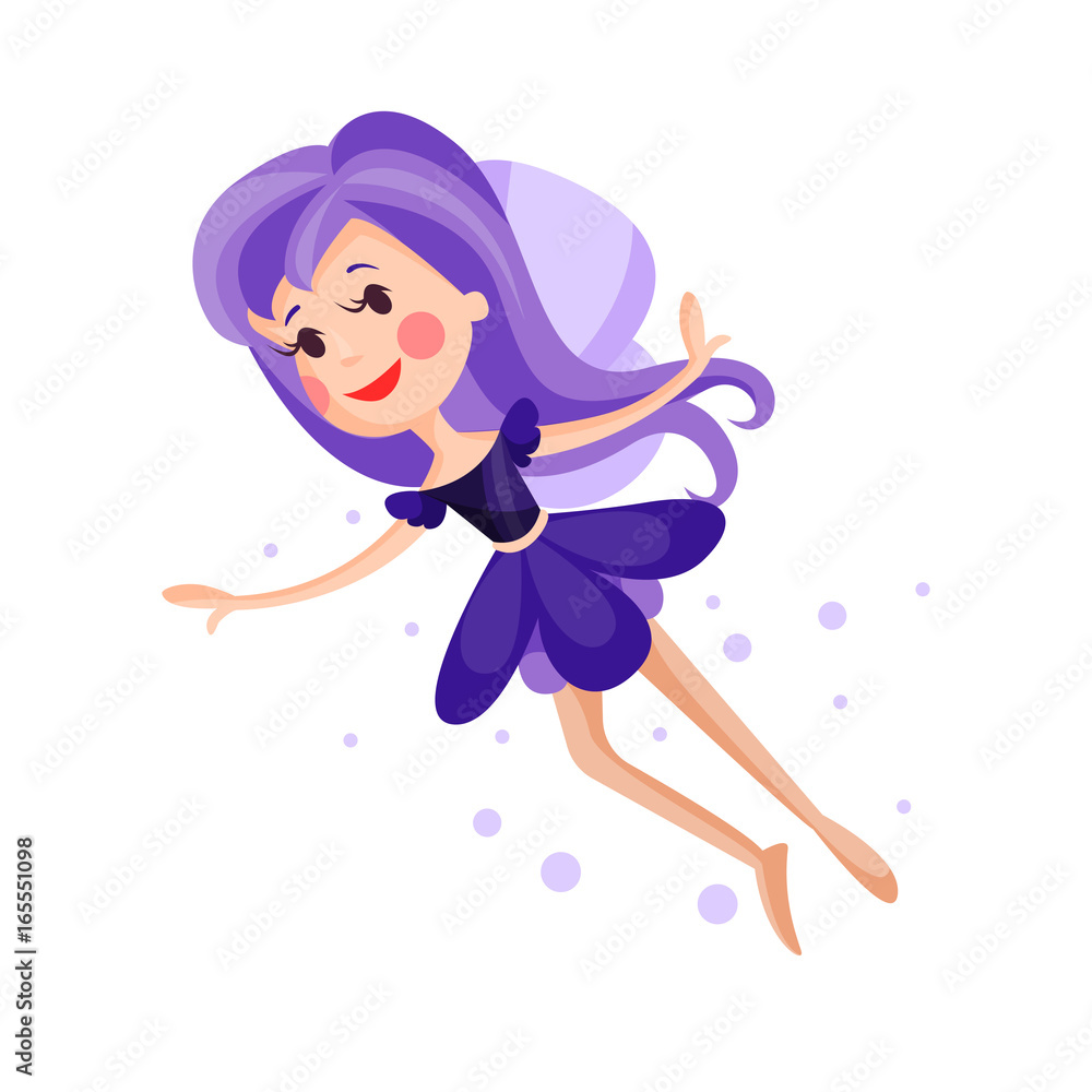 Beautiful fairy with wings, long hair and dress in amethyst colors flying surrounded by sparks vector Illustration Beautiful fairy with wings, long hair and dress in amethyst colors flying surrounded by sparks vector Illustration