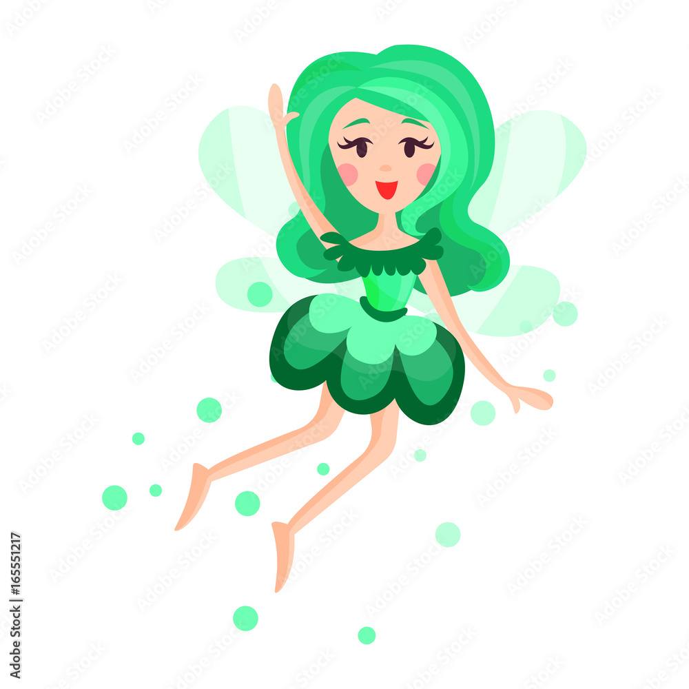 Beautiful fairy with wings, long hair and dress in emerald colors flying surrounded by sparks vector Illustration Beautiful fairy with wings, long hair and dress in emerald colors flying surrounded by sparks vector Illustration