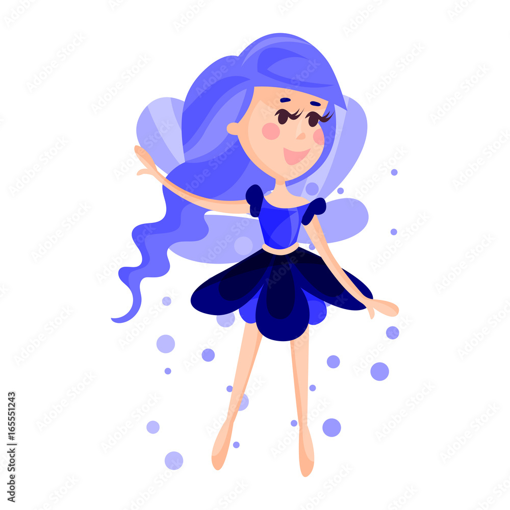 Beautiful fairy with wings, long hair and dress in sapphire colors flying surrounded by sparks vector Illustration Beautiful fairy with wings, long hair and dress in sapphire colors flying surrounded by sparks vector Illustration